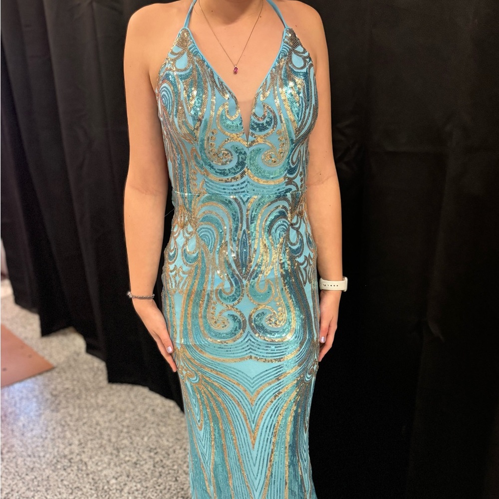 Beautiful Blue & Gold Prom Formal Pageant Dress Size M